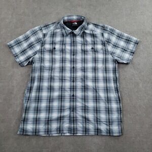 The North Face Shirt Mens Large Gray Blue Plaid Short Sleeve Button Front Hiking